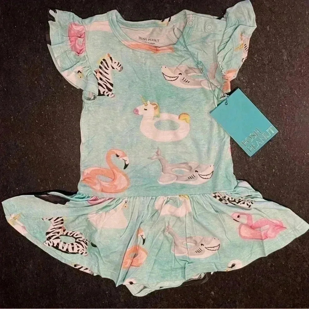 Posh Peanut 12-18m Lenny Twirl Bodysuit Dress Bamboo Pool Party Floats unicorn
